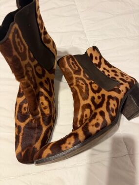 Yves Saint Laurent Leopard Print Ankle Boots in Brown and Black